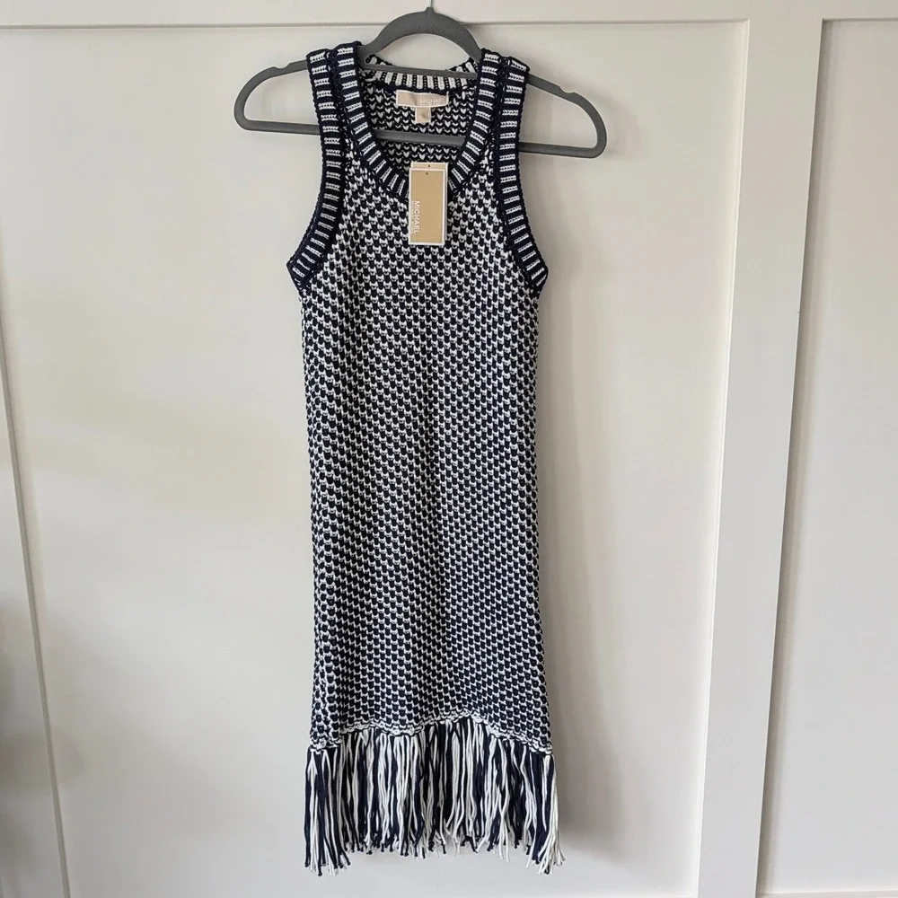 Michael Kors Crochet Fringe Sleeveless Dress, Navy/White, Small NWT